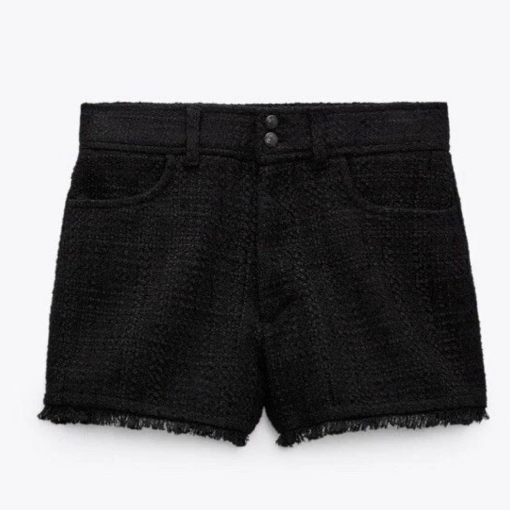 Zara Black Tweed Textured Adorable High Waisted Frayed Hem Shorts‎ - Picture 2 of 8